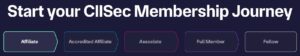 A graphic showing the different CIISec membership levels: Affiliate, Accredited Affiliate, Associate, Full, Fellow